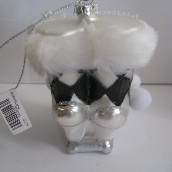 Fortunoff Holiday Glass Ice Skate Christmas Ornament Silver Black Harlequin Glitter Pom Poms